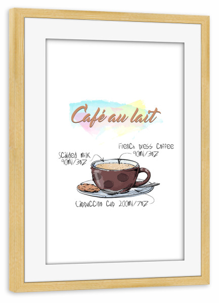 Poster mit Rahmen kiefer "Café au Lait" artboxONE - Essen & Trinken - Rezept,Drink,Trinken,Coffee,Bar,Zucker,Tasse,Cafe,Kaffee