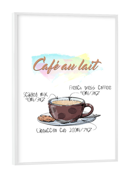 Poster mit weißem Rahmen "Café au Lait" artboxONE - Essen & Trinken - Rezept,Drink,Trinken,Coffee,Bar,Zucker,Tasse,Cafe,Kaffee