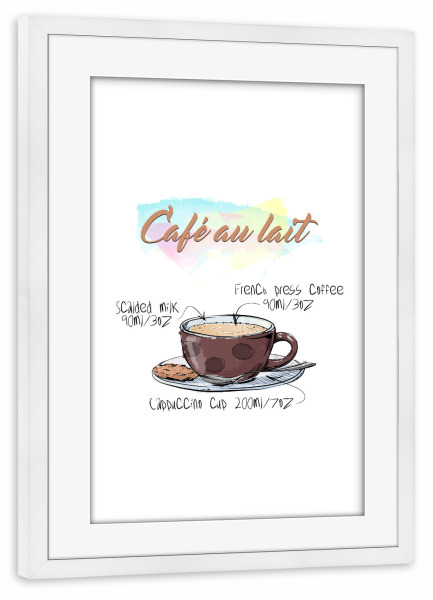 Poster mit Rahmen weiß "Café au Lait" artboxONE - Essen & Trinken - Rezept,Drink,Trinken,Coffee,Bar,Zucker,Tasse,Cafe,Kaffee