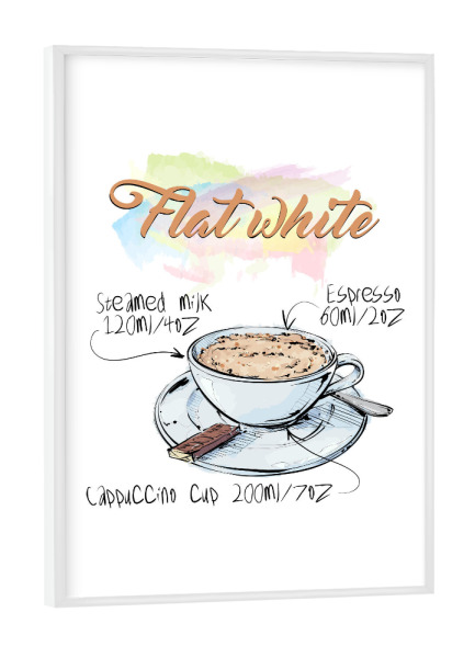 Poster mit weißem Rahmen "Flat White coffee" artboxONE - Essen & Trinken - Rezept,Drink,Trinken,Coffee,Bar,Zucker,Tasse,Cafe,Kaffee
