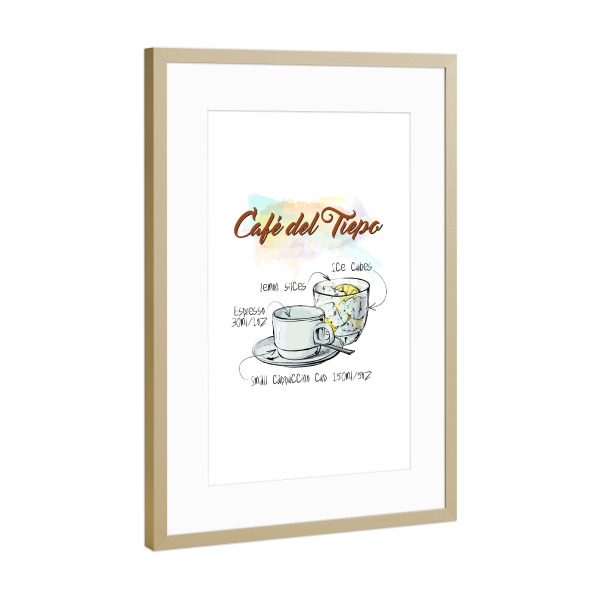 Poster mit Rahmen Gold "Café del Tiepo" artboxONE - Essen & Trinken - Rezept,Drink,Trinken,Coffee,Bar,Zucker,Tasse,Cafe,Zitrone,Kaffee