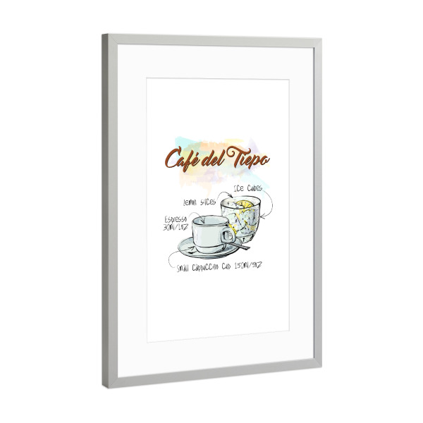 Poster mit Rahmen Silber "Café del Tiepo" artboxONE - Essen & Trinken - Rezept,Drink,Trinken,Coffee,Bar,Zucker,Tasse,Cafe,Zitrone,Kaffee