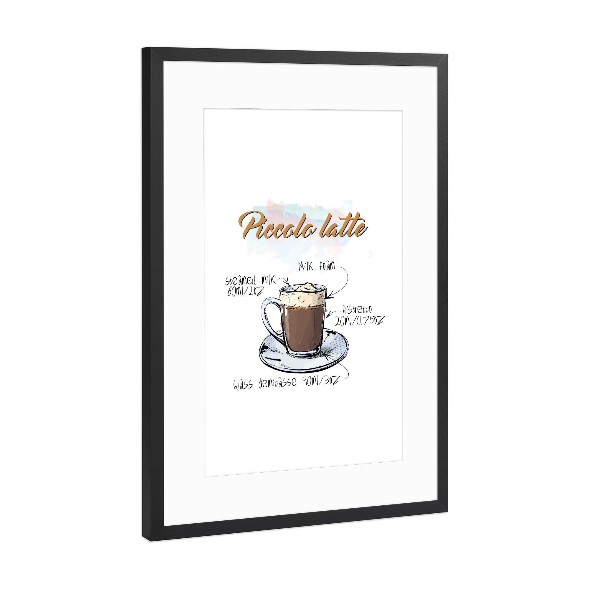 Poster mit Rahmen Schwarz (Metallic) "Piccolo Latte" artboxONE - Essen & Trinken - Rezept,Drink,Trinken,Coffee,Bar,Zucker,Tasse,Cafe,Kaffee