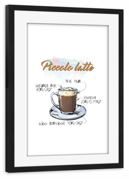 Poster mit Rahmen schwarz "Piccolo Latte" artboxONE - Essen & Trinken - Rezept,Drink,Trinken,Coffee,Bar,Zucker,Tasse,Cafe,Kaffee