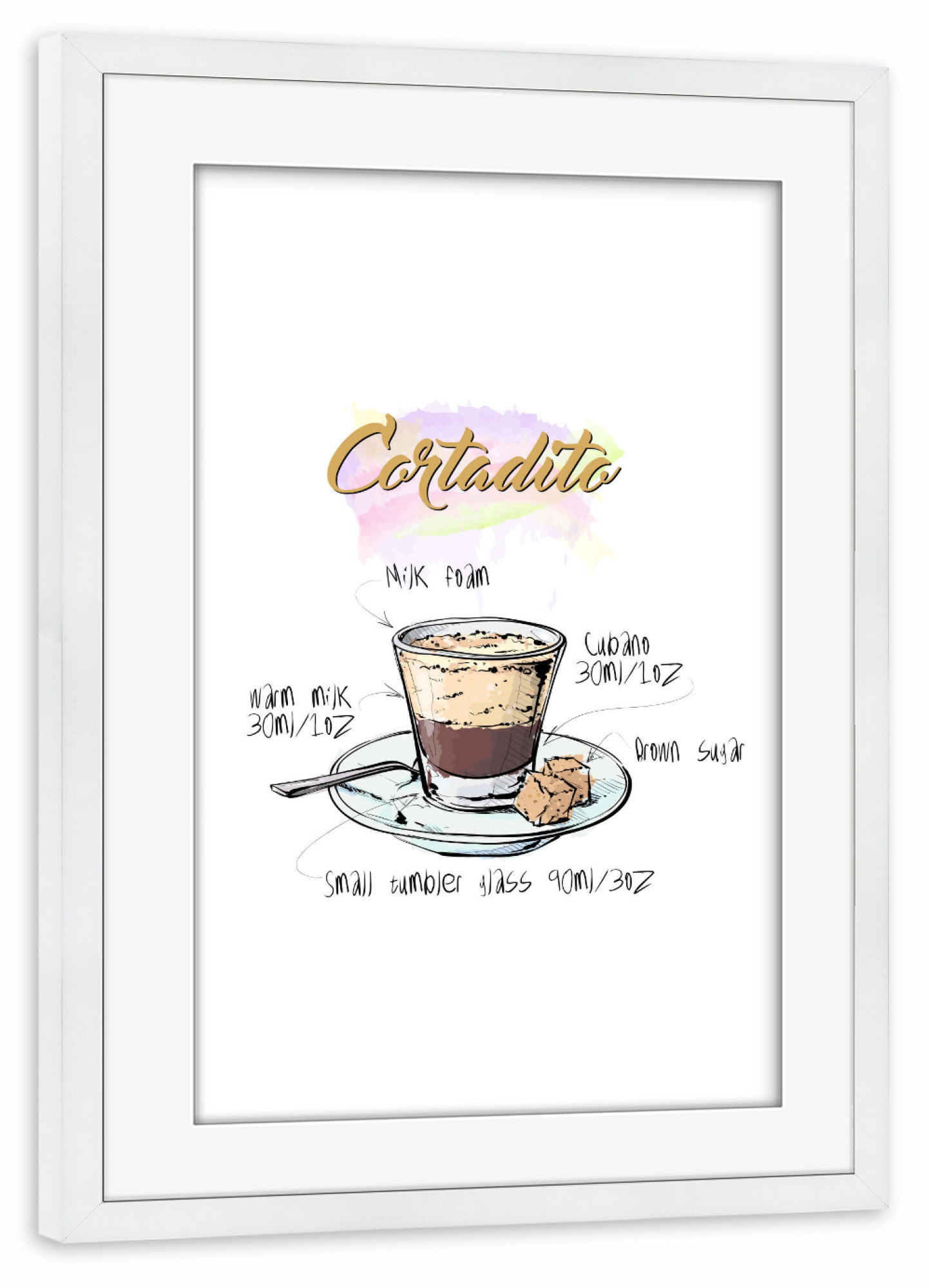 Poster mit Rahmen weiß "Cortadito coffee" artboxONE - Essen & Trinken - Rezept,Drink,Trinken,Coffee,Bar,Zucker,Tasse,Cafe,Kaffee