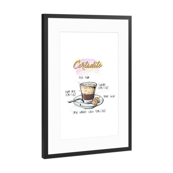 Poster mit Rahmen Schwarz (Metallic) "Cortadito coffee" artboxONE - Essen & Trinken - Rezept,Drink,Trinken,Coffee,Bar,Zucker,Tasse,Cafe,Kaffee