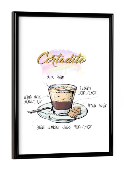 Poster mit schwarzem Rahmen "Cortadito coffee" artboxONE - Essen & Trinken - Rezept,Drink,Trinken,Coffee,Bar,Zucker,Tasse,Cafe,Kaffee