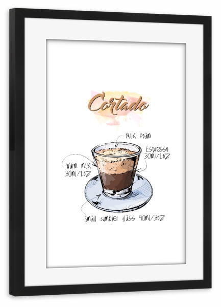 Poster mit Rahmen schwarz "Cortado coffee" artboxONE - Essen & Trinken - Rezept,Drink,Trinken,Coffee,Bar,Zucker,Tasse,Cafe,Kaffee