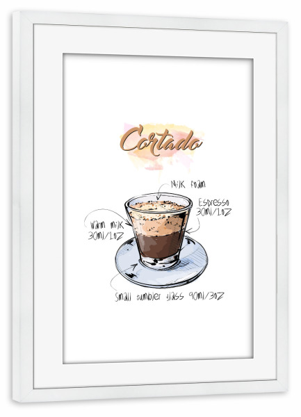 Poster mit Rahmen weiß "Cortado coffee" artboxONE - Essen & Trinken - Rezept,Drink,Trinken,Coffee,Bar,Zucker,Tasse,Cafe,Kaffee