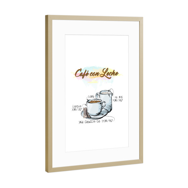 Poster mit Rahmen Gold "Café con Leche" artboxONE - Essen & Trinken - Rezept,Drink,Trinken,Coffee,Bar,Zucker,Tasse,Cafe,Sahne,Kaffee