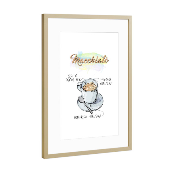 Poster mit Rahmen Gold "Macchiato coffee" artboxONE - Essen & Trinken - Rezept,Drink,Trinken,Coffee,Bar,Zucker,Tasse,Cafe,Kaffee