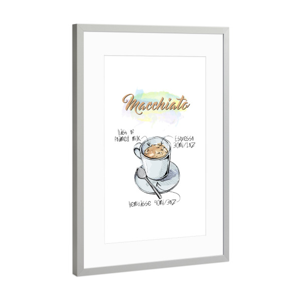 Poster mit Rahmen Silber "Macchiato coffee" artboxONE - Essen & Trinken - Rezept,Drink,Trinken,Coffee,Bar,Zucker,Tasse,Cafe,Kaffee