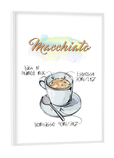 Poster mit weißem Rahmen "Macchiato coffee" artboxONE - Essen & Trinken - Rezept,Drink,Trinken,Coffee,Bar,Zucker,Tasse,Cafe,Kaffee