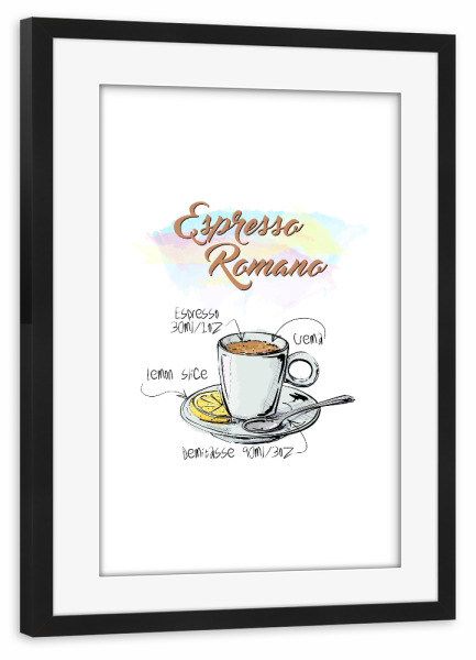 Poster mit Rahmen schwarz "Espresso Romano" artboxONE - Essen & Trinken - Rezept,Drink,Trinken,Coffee,Bar,Zucker,Tasse,Cafe,Zitrone,Kaffee