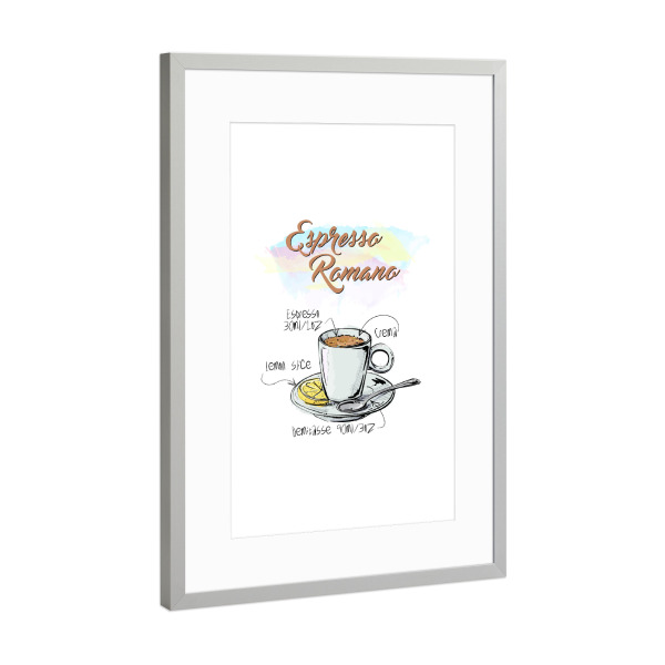 Poster mit Rahmen Silber "Espresso Romano" artboxONE - Essen & Trinken - Rezept,Drink,Trinken,Coffee,Bar,Zucker,Tasse,Cafe,Zitrone,Kaffee
