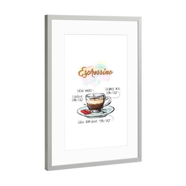 Poster mit Rahmen Silber "Espressino coffee" artboxONE - Essen & Trinken - Rezept,Drink,Trinken,Coffee,Bar,Zucker,Tasse,Cafe,Kaffee