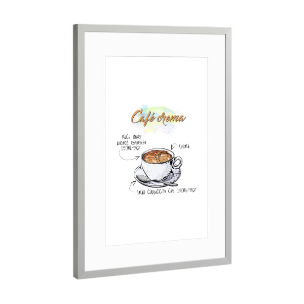 Poster mit Rahmen Silber "Café Crema" artboxONE - Essen & Trinken - Rezept,Drink,Trinken,Coffee,Bar,Zucker,Tasse,Cafe,Kaffee
