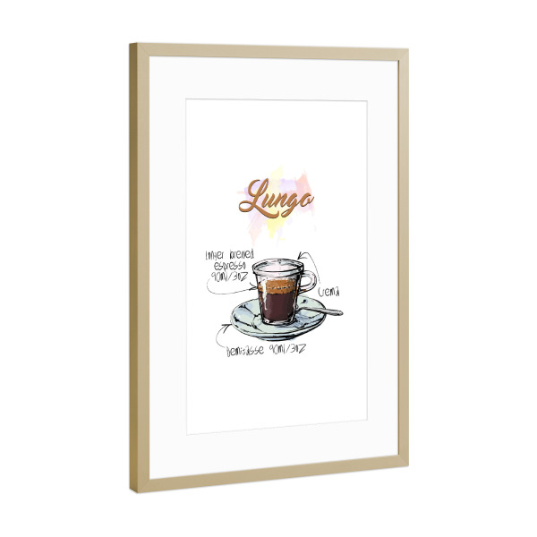 Poster mit Rahmen Gold "Lungo coffee" artboxONE - Essen & Trinken - Rezept,Drink,Trinken,Coffee,Bar,Zucker,Tasse,Cafe,Kaffee