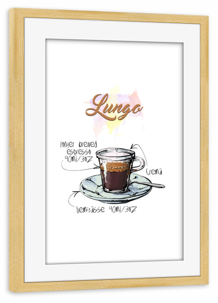 Poster mit Rahmen kiefer "Lungo coffee" artboxONE - Essen & Trinken - Rezept,Drink,Trinken,Coffee,Bar,Zucker,Tasse,Cafe,Kaffee