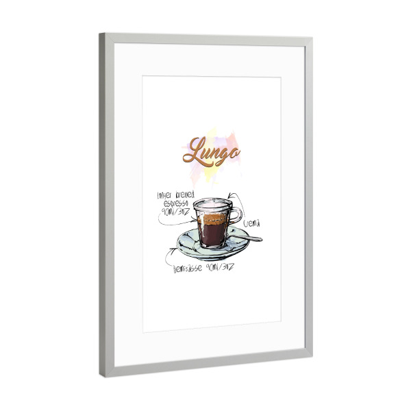 Poster mit Rahmen Silber "Lungo coffee" artboxONE - Essen & Trinken - Rezept,Drink,Trinken,Coffee,Bar,Zucker,Tasse,Cafe,Kaffee