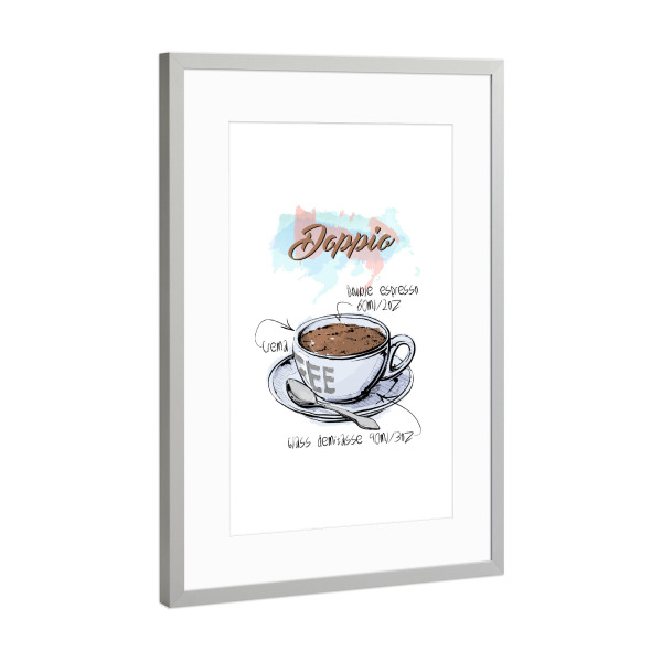 Poster mit Rahmen Silber "Dopio coffee" artboxONE - Essen & Trinken - Rezept,Drink,Trinken,Coffee,Bar,Zucker,Tasse,Cafe,Kaffee