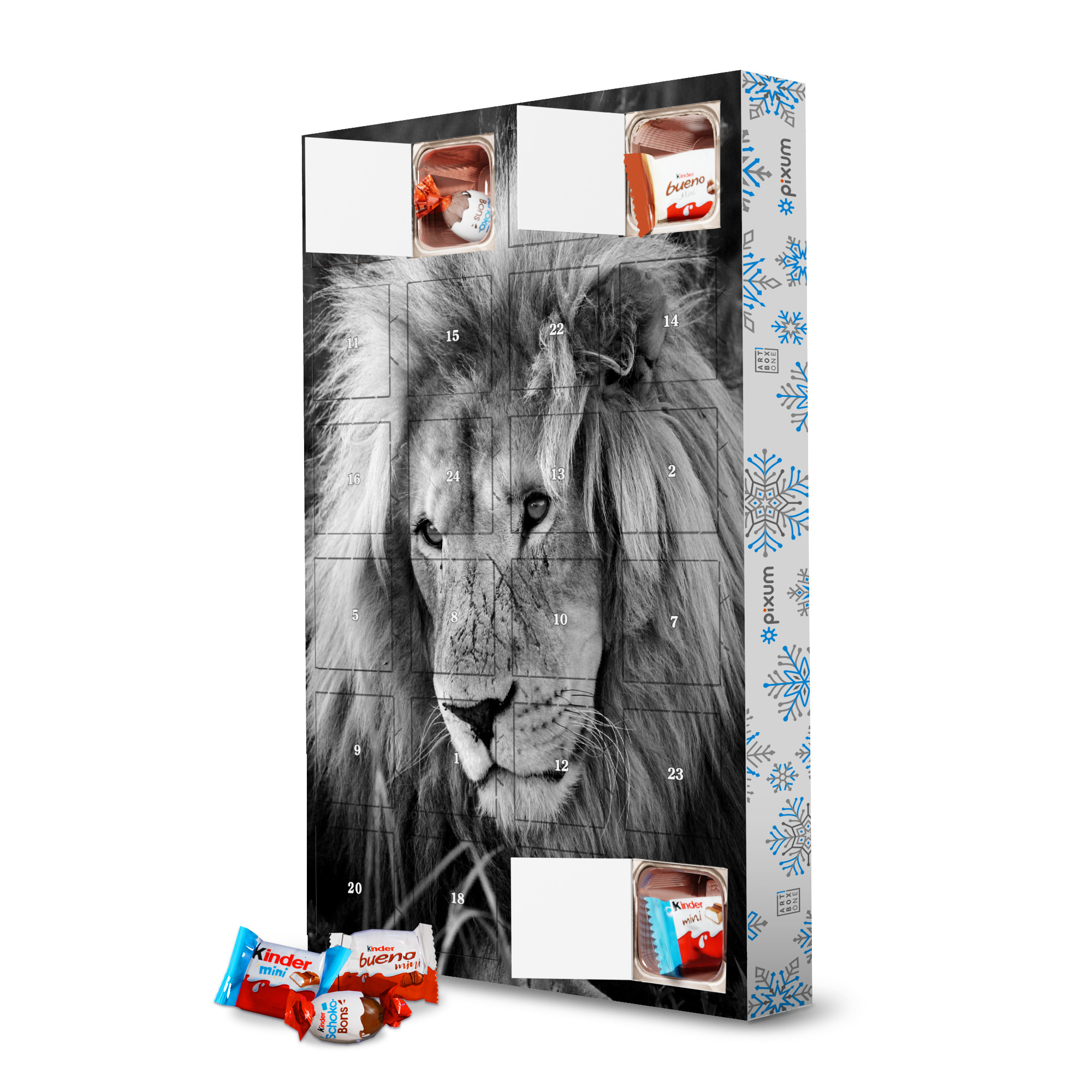 Adventskalender mit Produkten von Kinder Löwen Männchen Portrait 8075 sw artboxONE Adventskalender Natur