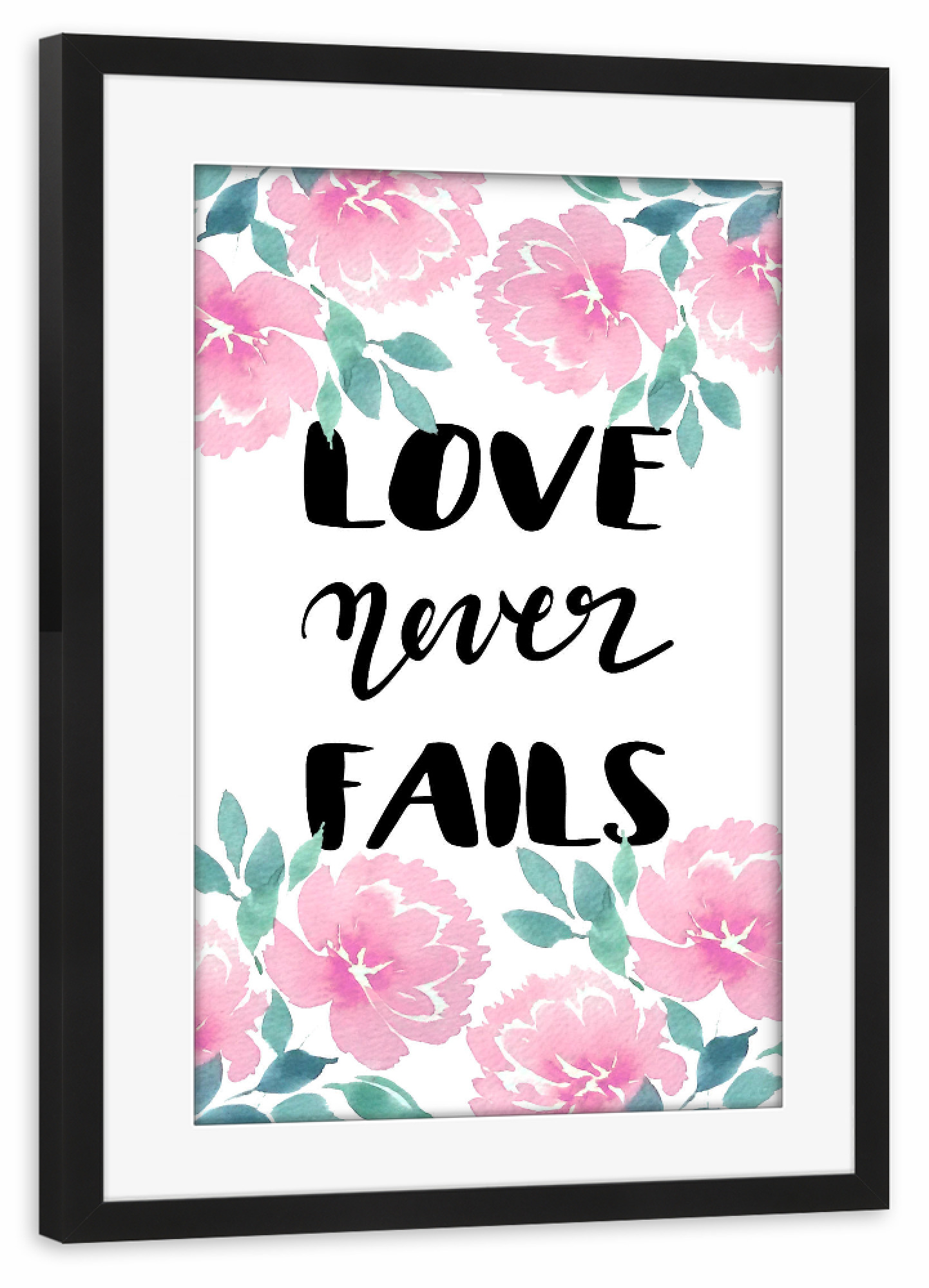 Poster mit Rahmen schwarz "Love never fails n.1" artboxONE - Typografie,Floral,Liebe