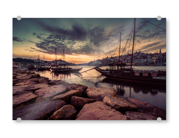 Acrylglasbild "Porto" artboxONE - Städte,Reise - Sonnenuntergang,Porto,Portugal,Reise,Europa,Fluss,Schiff,Boot,Stadt,Stadtansicht,Abend,Dämmerung
