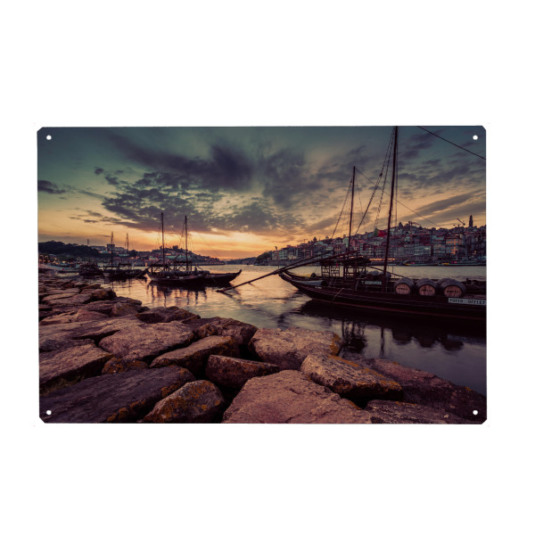 Holzbild "Porto" artboxONE - Städte,Reise - Sonnenuntergang,Porto,Portugal,Reise,Europa,Fluss,Schiff,Boot,Stadt,Stadtansicht,Abend,Dämmerung