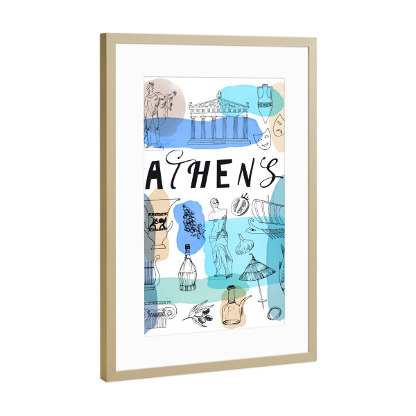 Poster mit Rahmen Gold "Athens 2" artboxONE - Städte,Reise,Schwarzweiß - Athen,Greece,Illustration,Watercolor,Landmark