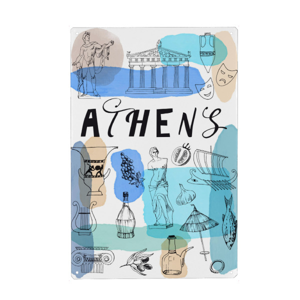 Metall Poster "Athens 2" artboxONE - Städte,Reise,Schwarzweiß - Athen,Greece,Illustration,Watercolor,Landmark - Blechschild