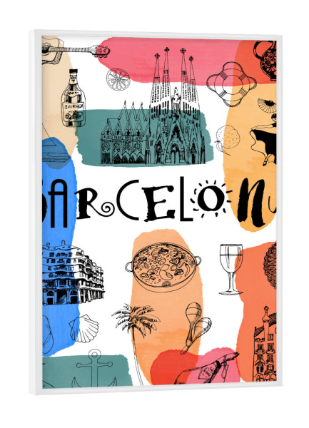 Poster mit weißem Rahmen "Barcelona 3" artboxONE - Städte,Typografie,Reise,Schwarzweiß,Städte / Barcelona