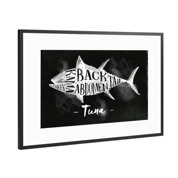 Poster mit Rahmen Schwarz (Metallic) "Tuna cutting scheme chalk" artboxONE - Tiere,Essen & Trinken,Schwarzweiß