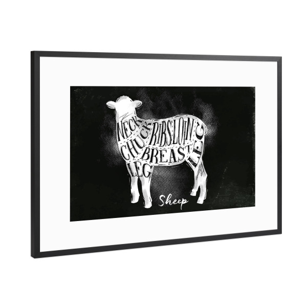 Poster mit Rahmen Schwarz (Metallic) "Sheep lamb cutting scheme chalk" artboxONE - Essen & Trinken,Schwarzweiß,Essen & Trinken / Obst & Gemüse