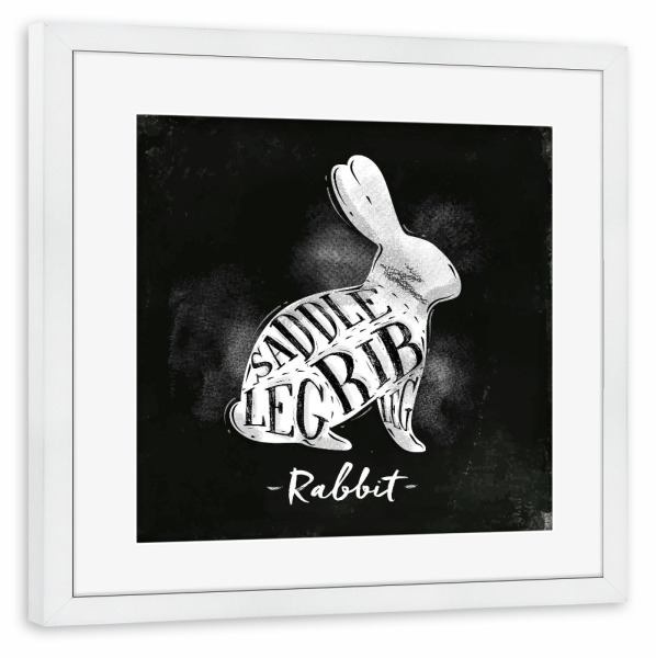 Poster mit Rahmen weiß "Rabbit cutting scheme chalk" artboxONE - Essen & Trinken,Schwarzweiß,Essen & Trinken / Obst & Gemüse
