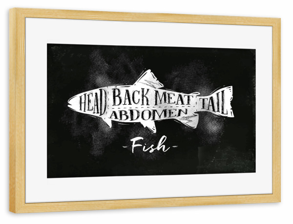Poster mit Rahmen kiefer "Fish cutting scheme chalk" artboxONE - Tiere,Essen & Trinken,Schwarzweiß