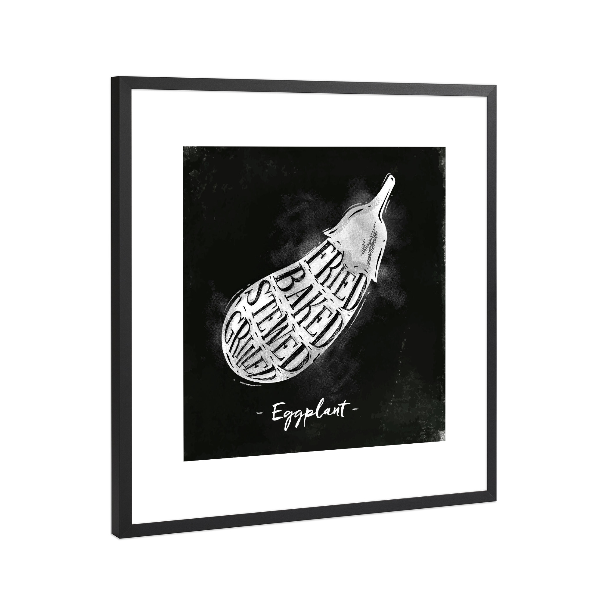 Poster mit Rahmen Schwarz (Metallic) "Eggplant cutting scheme chalk" artboxONE - Essen & Trinken,Schwarzweiß,Essen & Trinken / Obst & Gemüse