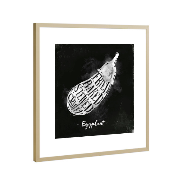 Poster mit Rahmen Gold "Eggplant cutting scheme chalk" artboxONE - Essen & Trinken,Schwarzweiß,Essen & Trinken / Obst & Gemüse
