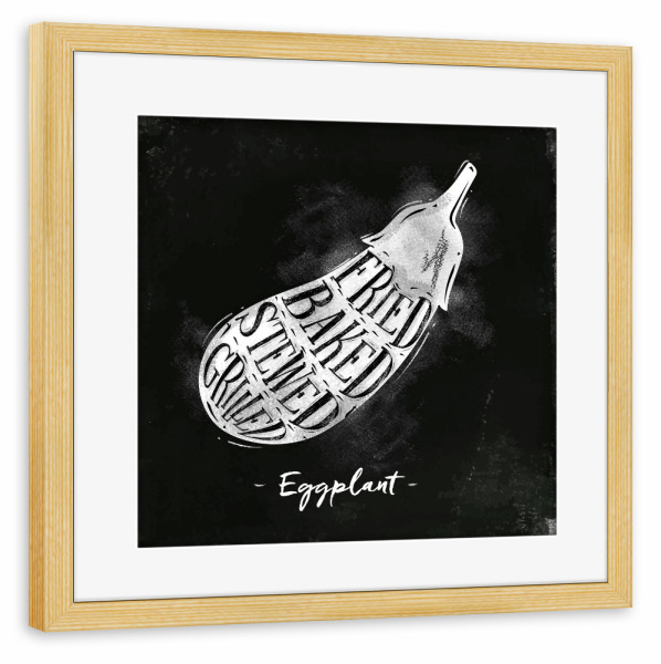 Poster mit Rahmen kiefer "Eggplant cutting scheme chalk" artboxONE - Essen & Trinken,Schwarzweiß,Essen & Trinken / Obst & Gemüse