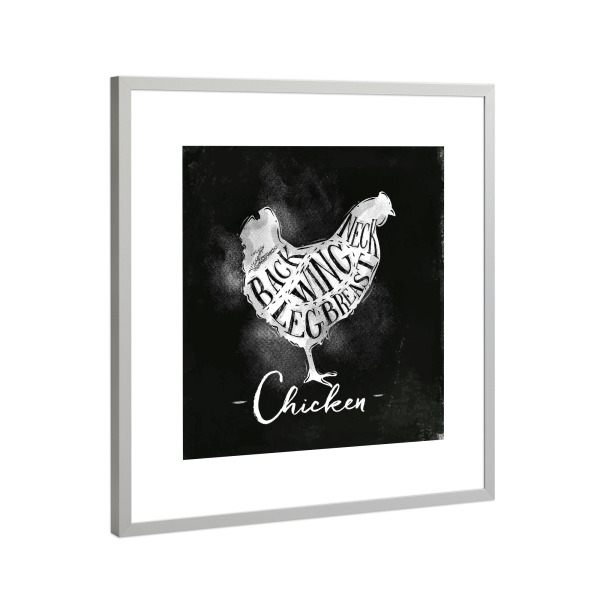 Poster mit Rahmen Silber "Chicken cutting scheme chalk" artboxONE - Tiere,Essen & Trinken,Schwarzweiß