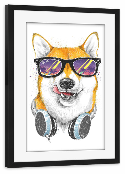 Poster mit Rahmen schwarz "Siba inu in glasses" artboxONE - Tiere,Musik,Fashion - Hund,Hunde,Haustier,Tier,Lustige tiere,Sonnenbrille,Palmen,Kopfhörer