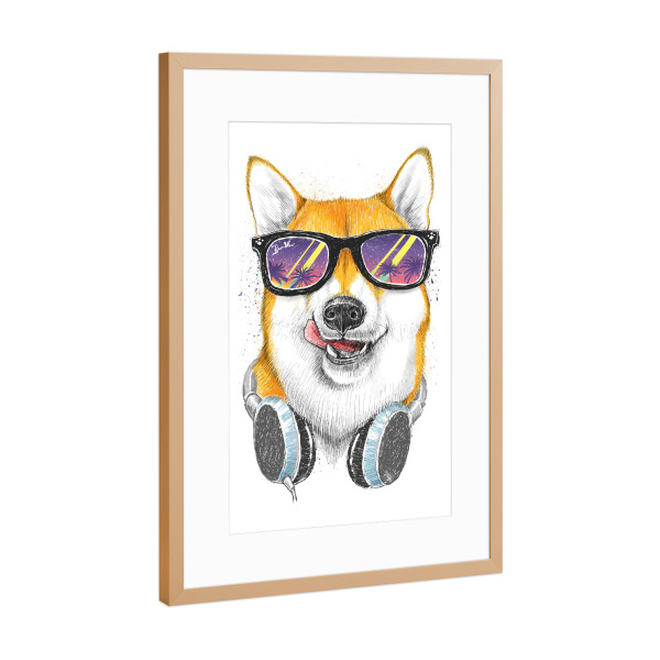 Poster mit Rahmen Kupfer "Siba inu in glasses" artboxONE - Tiere,Musik,Fashion - Hund,Hunde,Haustier,Tier,Lustige tiere,Sonnenbrille,Palmen,Kopfhörer