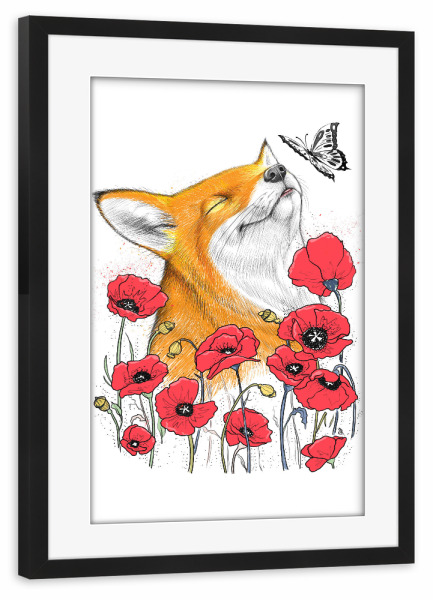 Poster mit Rahmen schwarz "Fox in poppies" artboxONE - Floral,Tiere - Fuchs,Fuchs print,Fuchs,Mohn,Blumen,Tier,Natur,Schmetterling