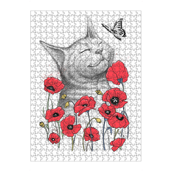 Puzzle Ravensburger "Cat in poppies" artboxONE - Floral,Tiere - Katze,Süße katzen,Mohn,Schmetterling,Frühling,Blumen,Tier - Bild katze