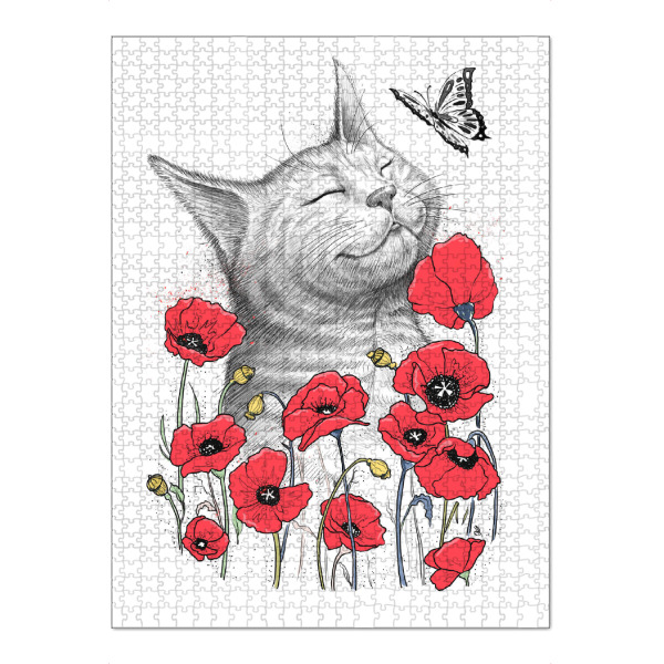 Puzzle Ravensburger "Cat in poppies" artboxONE - Floral,Tiere - Katze,Süße katzen,Mohn,Schmetterling,Frühling,Blumen,Tier - Bild katze