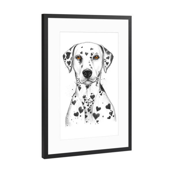 Poster mit Rahmen Schwarz (Metallic) "Dalmatian" artboxONE - Tiere,Schwarzweiß,Liebe - Hund,Hunde,Tier,Haustier,Dalmatiner,Liebe,Herz