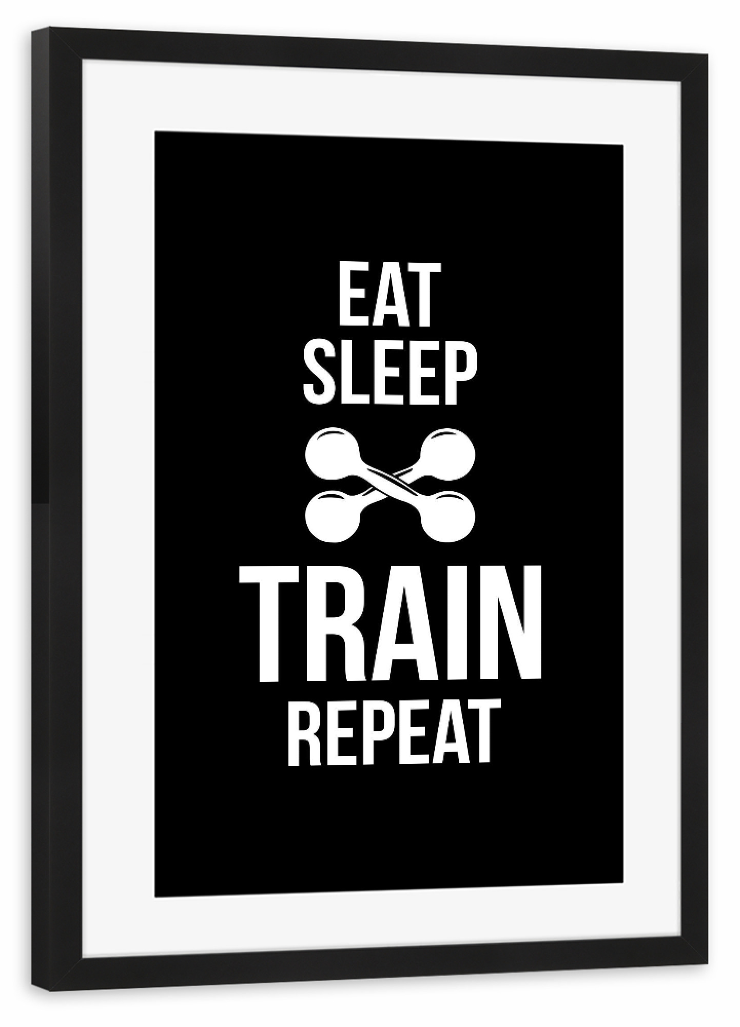 Poster mit Rahmen schwarz "Train Repeat" artboxONE - Typografie,Schwarzweiß,Sport,Sport / Motivation