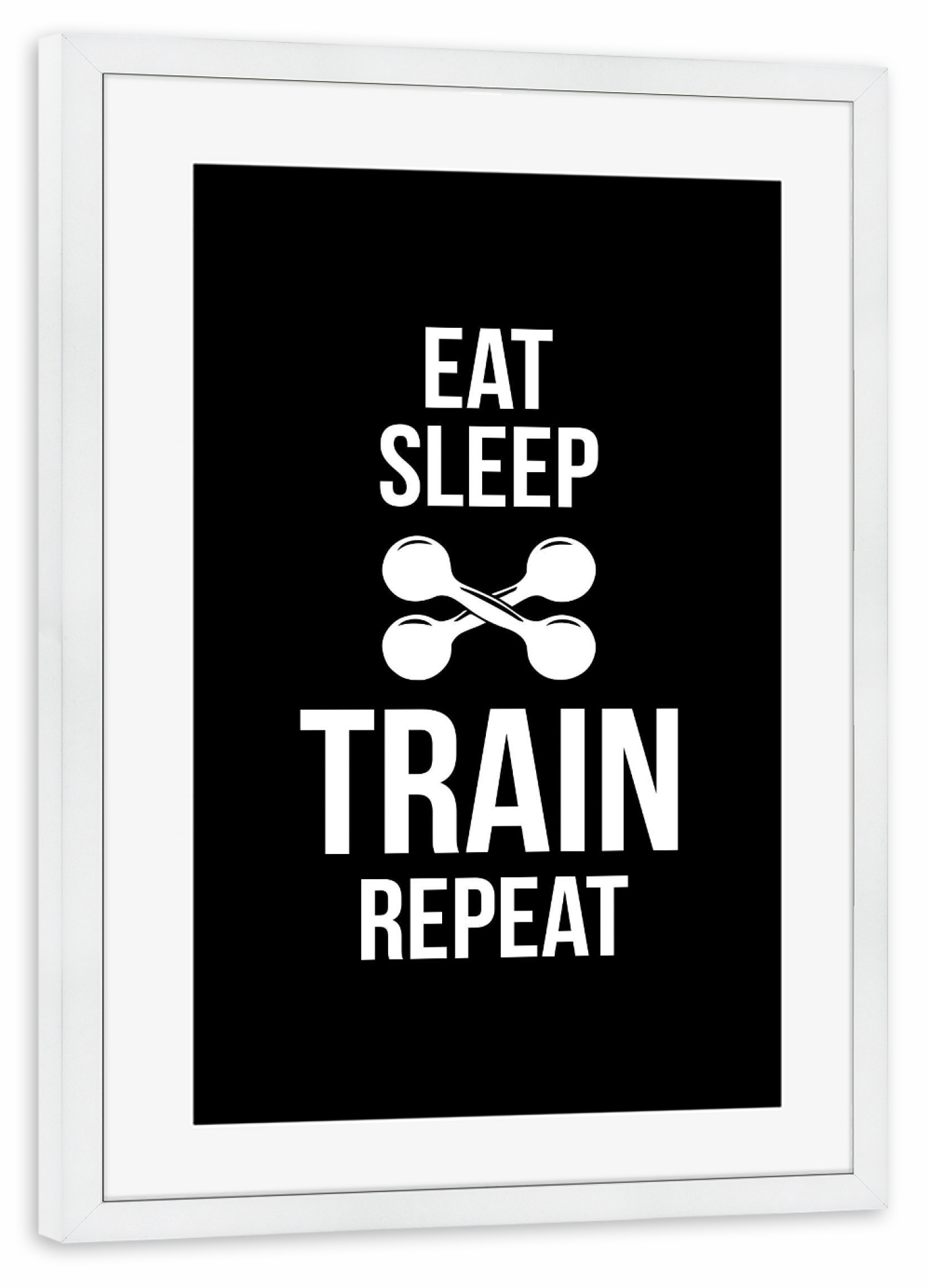 Poster mit Rahmen weiß "Train Repeat" artboxONE - Typografie,Schwarzweiß,Sport,Sport / Motivation