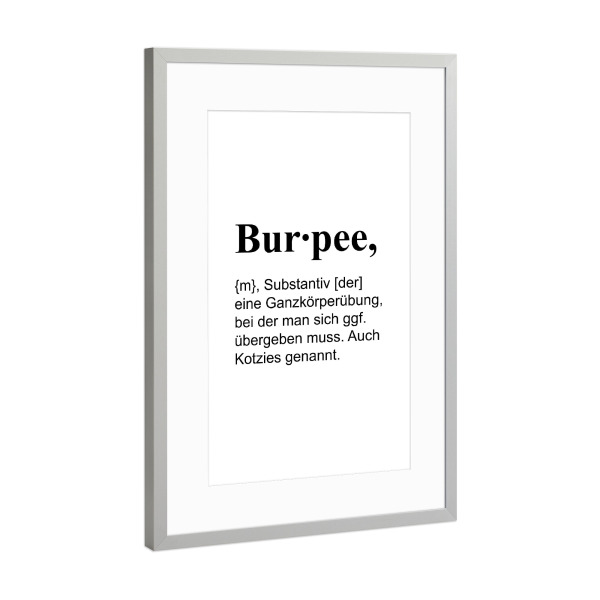 Poster mit Rahmen Silber "Burpee" artboxONE - Typografie,Schwarzweiß,Lustig - Fitness,Gym,Workout,Training,Burpee,Definition,Fit,Sport