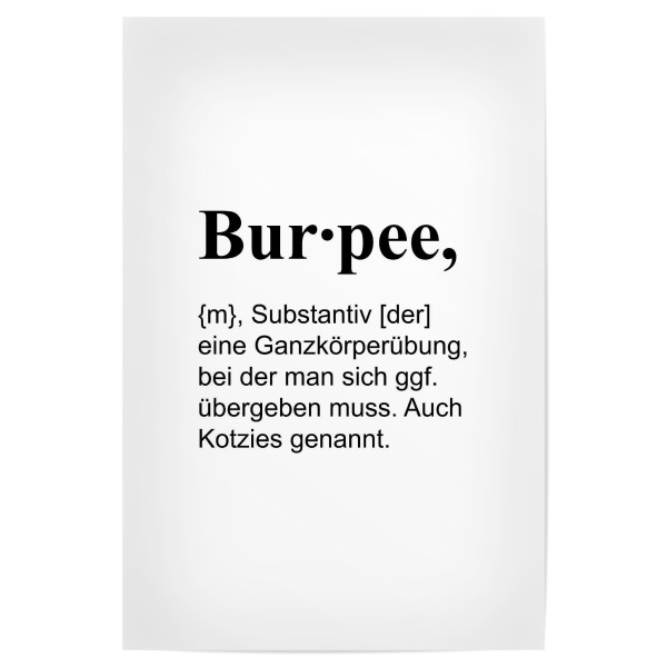 Poster 30x20 cm "Burpee" artboxONE - Typografie,Schwarzweiß,Lustig - Fitness,Gym,Workout,Training,Burpee,Definition,Fit,Sport